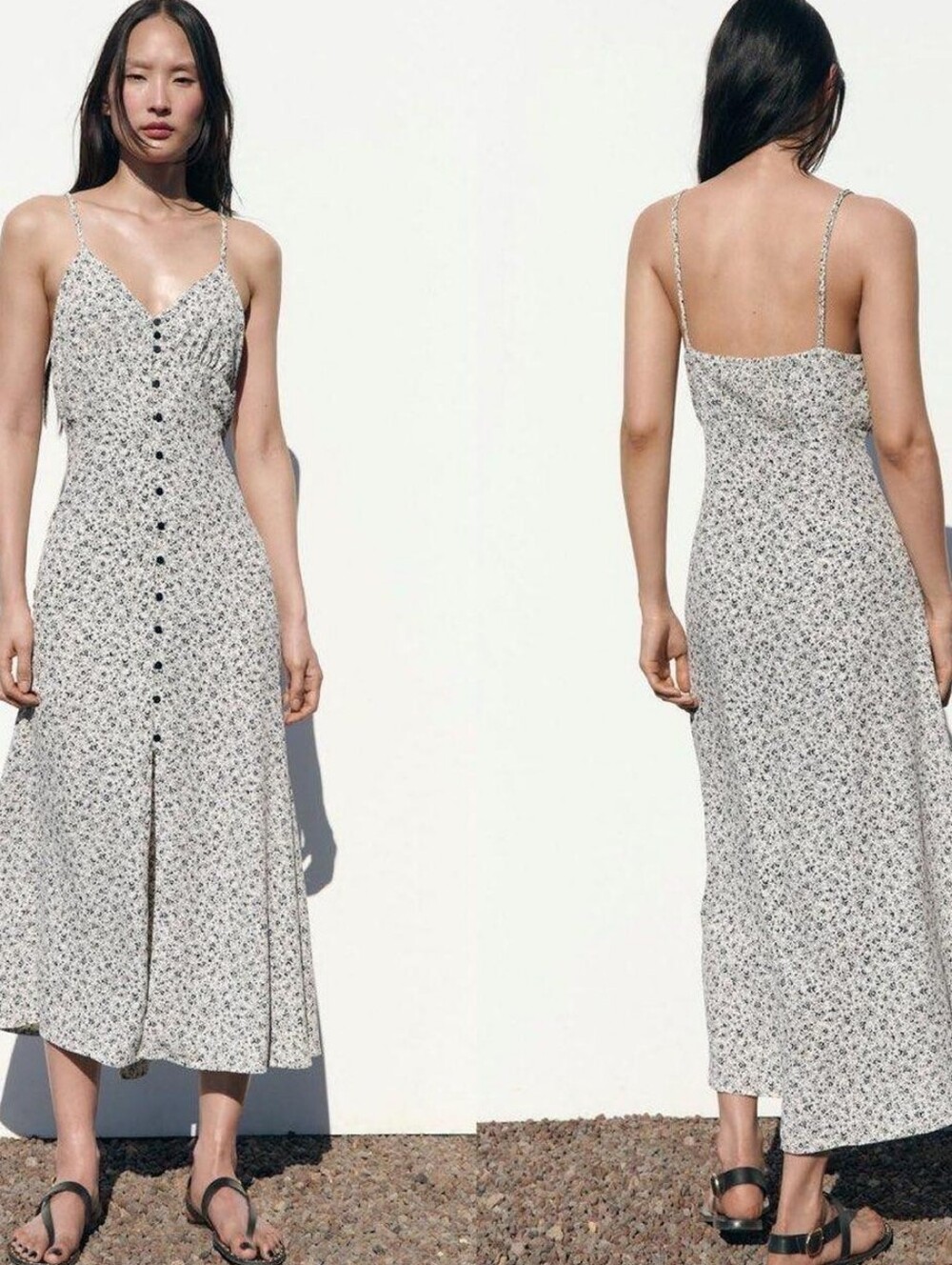 Zara White Floral Spaghetti-Strap Button Down Maxi Dress